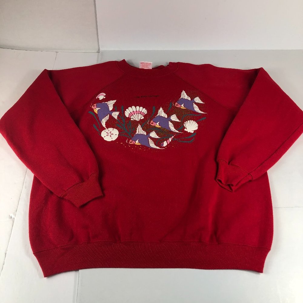 Vintage School Of Fish Sweater Women's Large Red Colorful Long Beach Washington